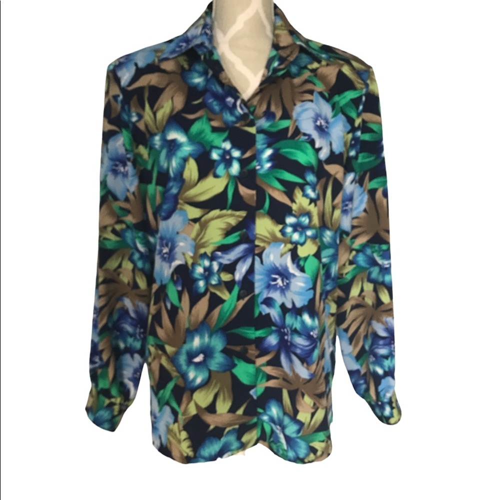 💕 Vintage Alia Tropical Print Long Sleeve Blouse Size 12